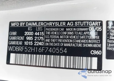 2006 Mercedes-Benz C 230 Sport z USA, uszkodzony, nr VIN WDBRF52H16F740554